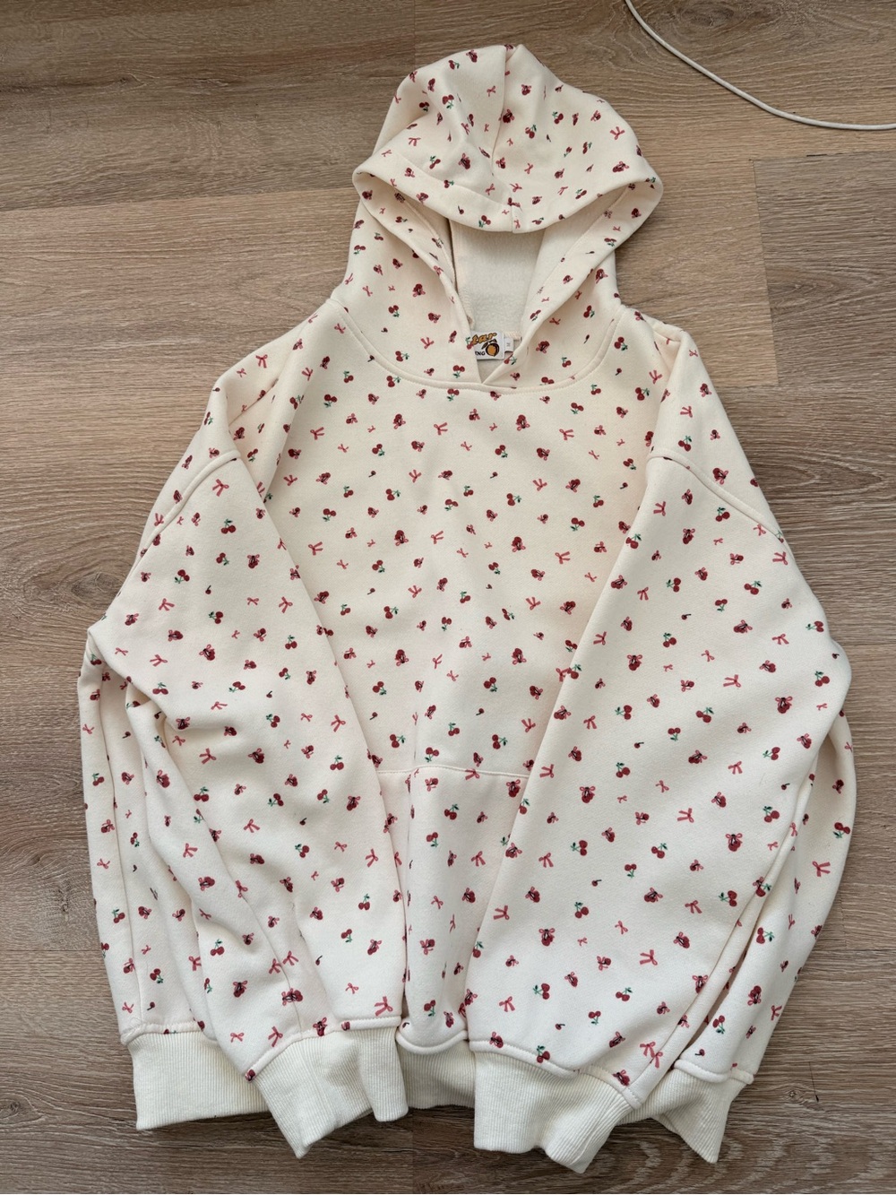 Cream Cherry-Print Hoodie Sweatshirt